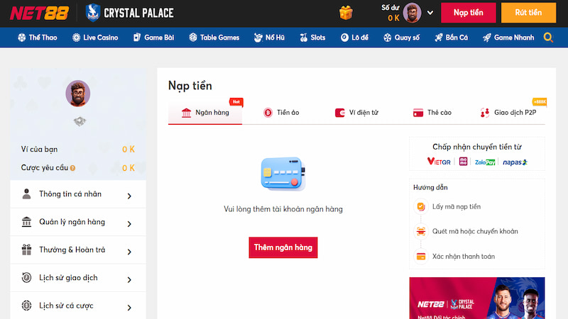 Hệ thống thanh toán và nạp tiền tại nhà cái Net88